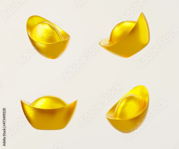 Obraz Happy Chinese New Year. Realistic Yuan Bao Chinese gold sycee ingots on white background icon for web design, Feng shui symbol New year lucky gift, Golden ancient China money 3D Rendering illustration