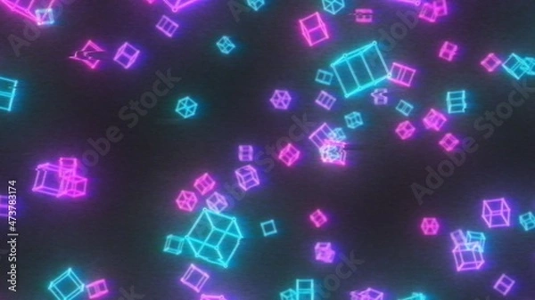 Fototapeta Retro 80s Glitchy Neon Wireframe 3D Cubes Flying in Cyberpunk Future - Abstract Background Texture