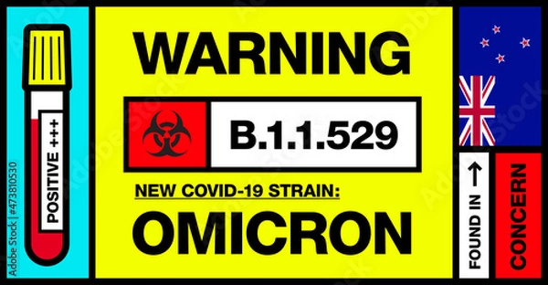 Fototapeta New Zealand. Covid-19 New Strain Called Omicron. Found in Botswana and South Africa. Warning Sign with Positive Blood Test. Concern. B.1.1.529.