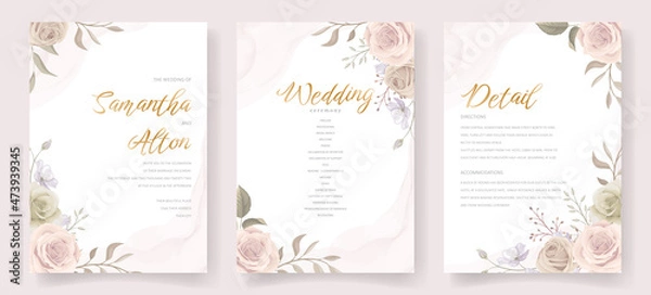 Fototapeta Wedding invitation template set with floral and leaves decoration