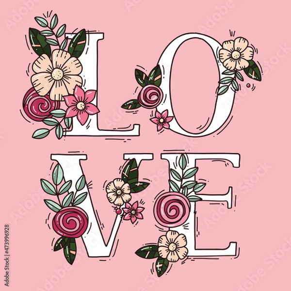 Fototapeta Valentine's Day! February 14. Vector cute illustrations of flowers and "Love". Drawings for postcard and poster