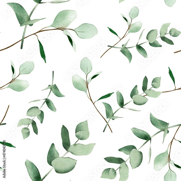 Fototapeta Watercolor seamless pattern with eucalyptus leaves isolated on white background. Hand-drawn winter and spring botanical backdrop for fabric, clothing, wrapping paper, decor