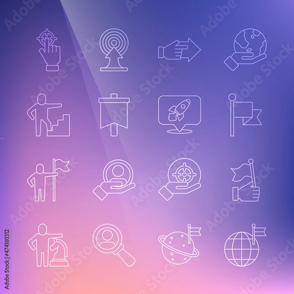 Fototapeta Set line Planet with flag, Hand holding, Flag, pointing finger, Stair finish, Target and Rocket ship icon. Vector