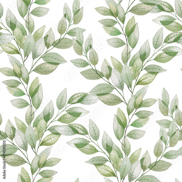 Fototapeta Green leaves seamless pattern. Leafy branches watercolor. Spring foliage background