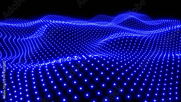 Fototapeta Background 3D with blue lights field, abstract  technology design, fantastic sea of neon glowing dots halftone pattern on black, 3D render illustration background.