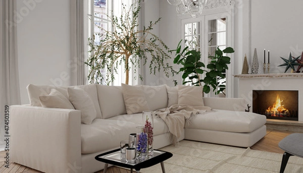 Fototapeta White living room interior in classic style with fireplace. 3D Render	