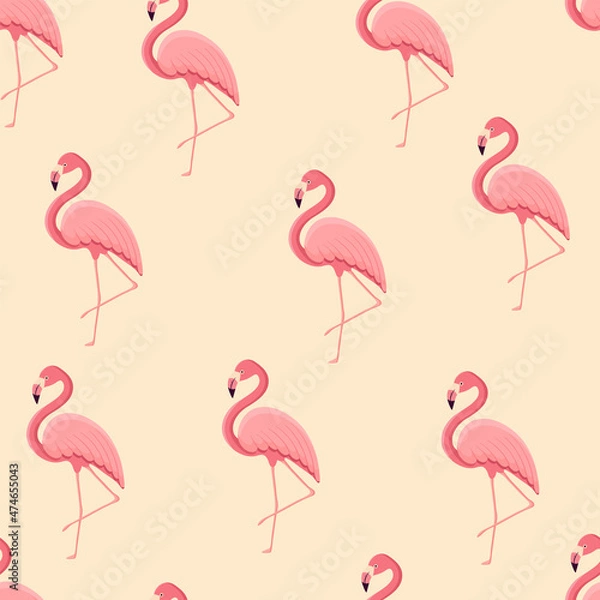 Fototapeta Seamless pattern with tropical bird flamingo. Texture with a bird for textiles, wallpaper, print design, clothes postcards. Vector illustration.