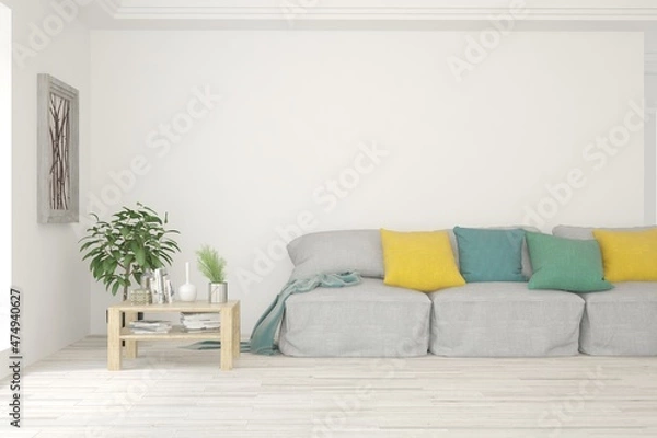 Fototapeta White living room with sofa. Scandinavian interior design. 3D illustration