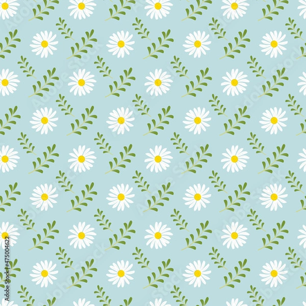 Fototapeta Summer seamless pattern with chamomiles and leaves. Cute romantic prince with flowers. Spring background with daisies. Vector illustration