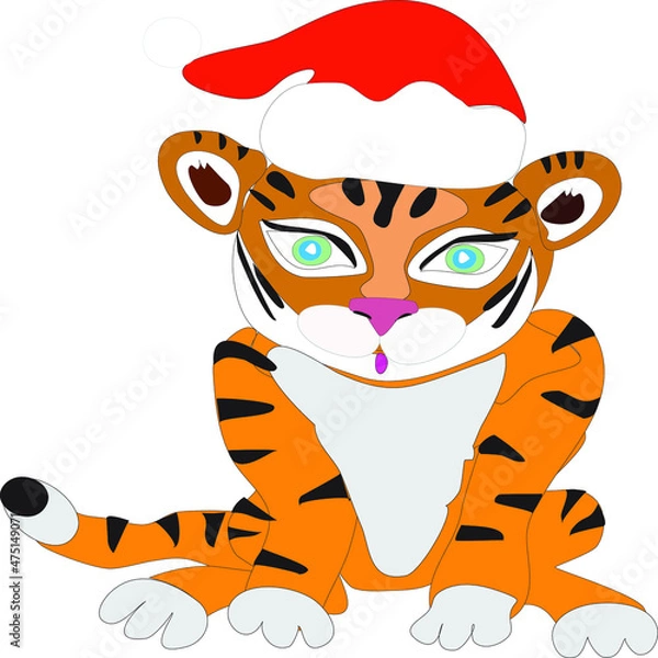 Fototapeta Tiger cub, symbol of 2022, sits in a New Year's cap on a white background.