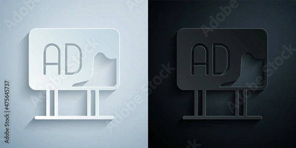 Fototapeta Paper cut Advertising icon isolated on grey and black background. Concept of marketing and promotion process. Responsive ads. Social media advertising. Paper art style. Vector