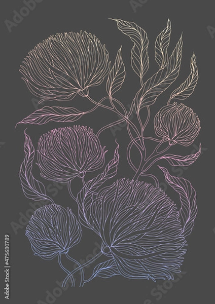 Fototapeta Vector hand drawn colorful pattern background decorative leaves and flowers. Freehand sketching illustration nature painting. Design floret pattern print. Multicolor lines Isolated on dark grey back