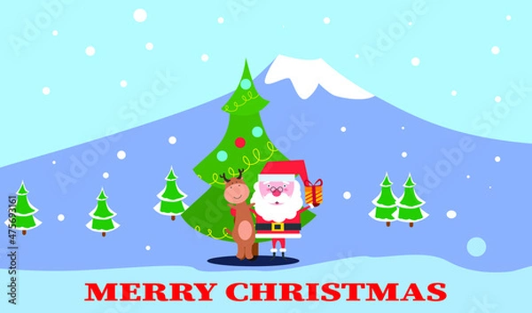 Fototapeta Flat design cute santa and deer under snow mountain