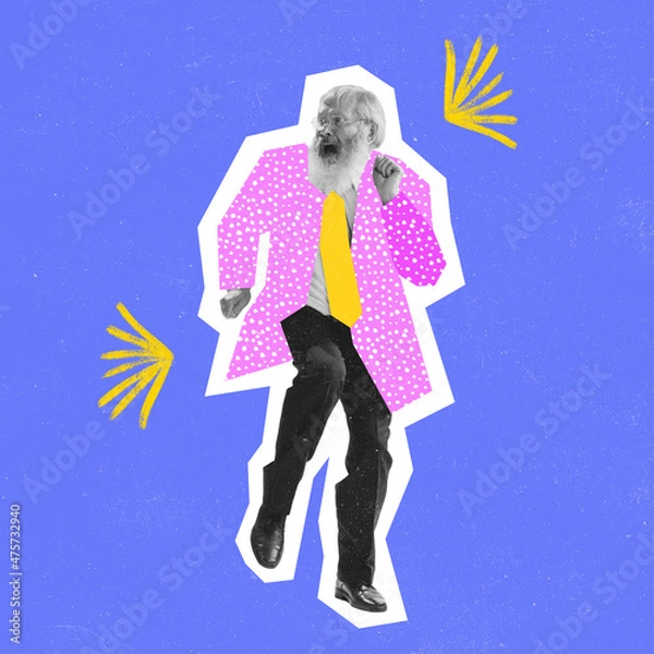 Fototapeta Stylish old man, grandfather dressed in 70s, 80s fashion style dancing on bright background with drawings.