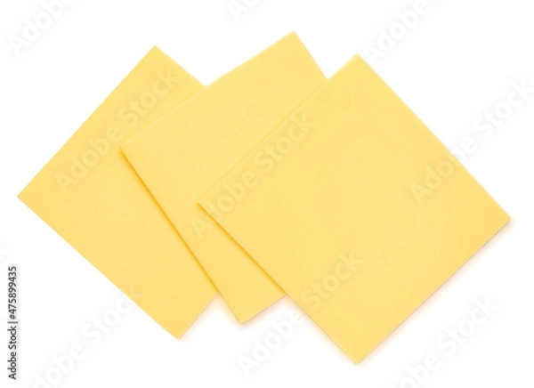 Obraz Slices of cheese for burger isolated on white background. Leerdammer Cheese  top view.