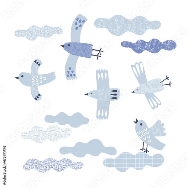 Fototapeta Peace birds clouds in the sky vector illustration isolated on white. Childish birdie poster for nursery. Baby blue dove tee print design for kids apparel.