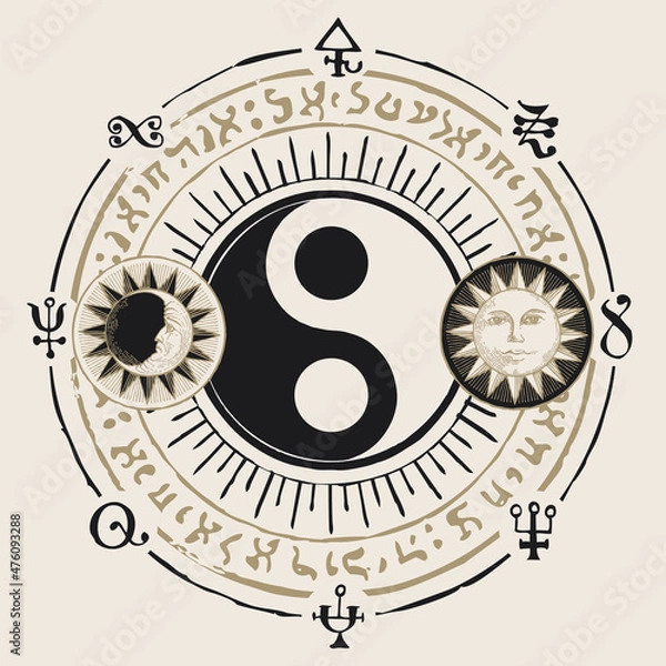 Fototapeta Vector yin-yang symbol with sun, moon and magic signs written in a circle on an old paper background. Mystical sign of balance, harmony, eng Shui, Zen, yoga, unity and opposites, Fday and night