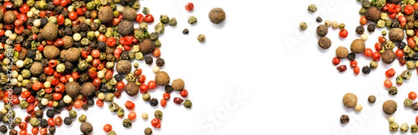 Fototapeta Black, red and white pepper grains isolated on white. Spice. Panorama. Banner.