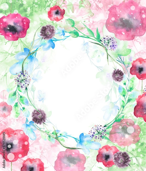 Fototapeta Watercolor bouquet of flowers, willow, chamomile, burnet, wild onion, wildflower, branch with berry. abstract splash of paint. fashion illustration. field or garden flowers. Place for design, text. 