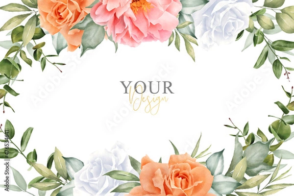 Fototapeta Beautiful Watercolor Floral Background Design with Hand Drawn Peony and Leaves