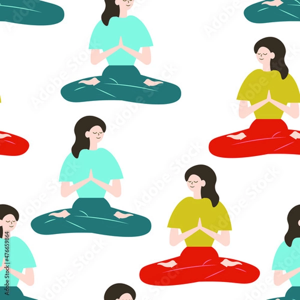 Obraz yoga and meditation vector seamless pattern isolated on bright background. Concept for wallpaper, cards, print