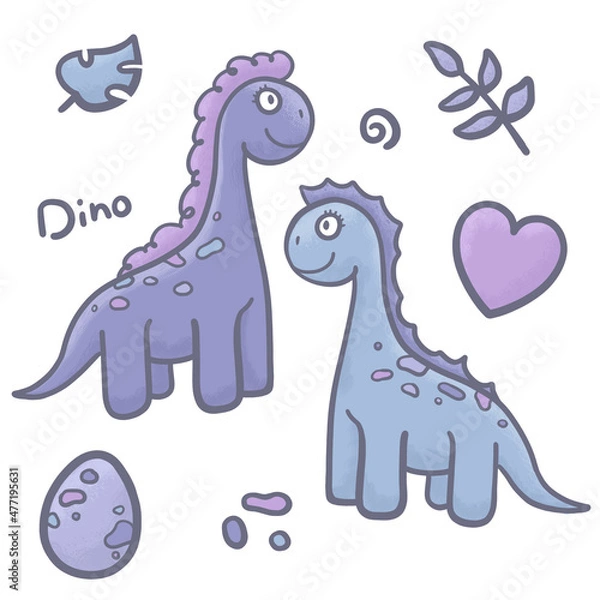 Fototapeta Vector seamless color repeating pattern with dinosaurs. Childish seamless pattern with hand-drawn dinosaurs. Isolated background. Little dinosaur. Cute dinosaurs, trees egg and heart on a white backgr