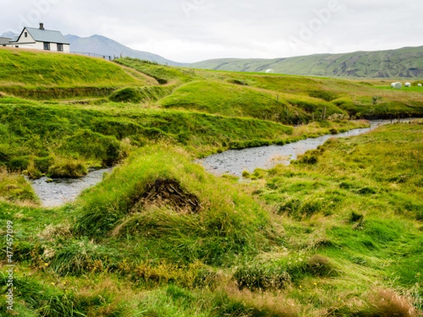 Fototapeta Scenic landscape at historic Keldur farm, home to one of the oldest turf houses in Iceland