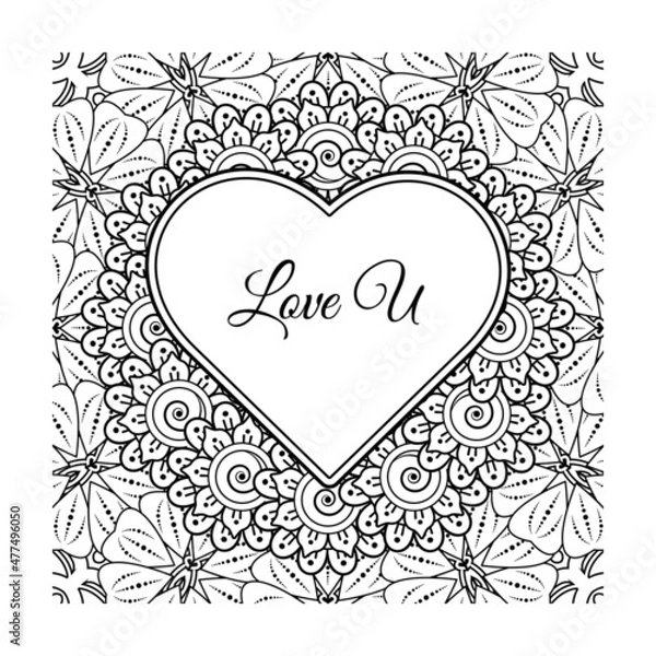 Fototapeta Mehndi flower with frame in shape of heart. decoration in ethnic oriental, doodle ornament.