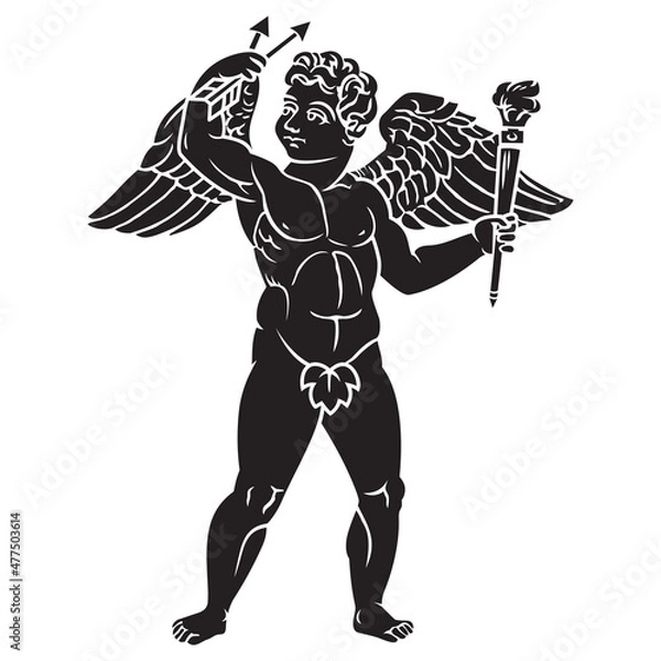 Fototapeta Ancient greek cupid winged goddess illustration black