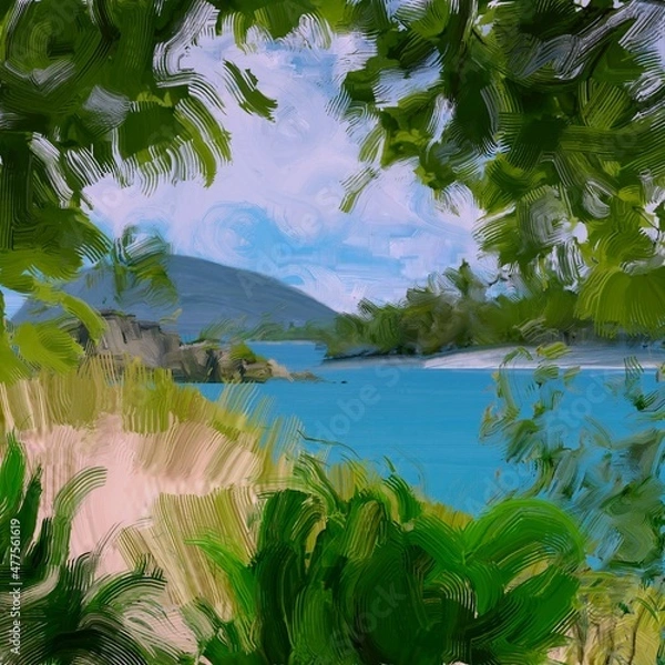 Fototapeta Ocean view. Wide brush painting. Hot summer. Tropical island. Digital art. Pacific atoll. 2d illustration. Blue water.