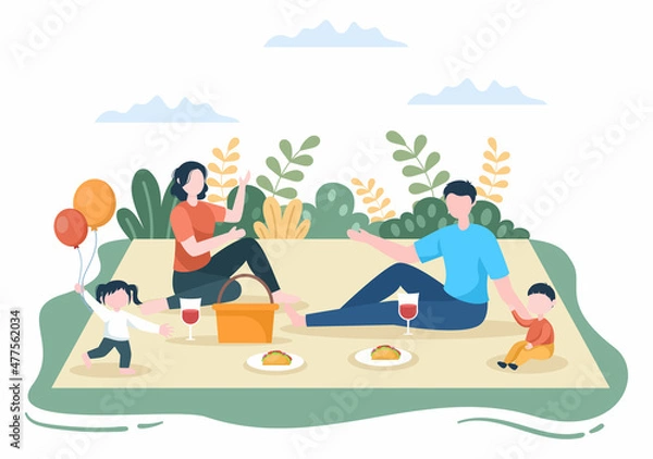 Fototapeta Family Time of Joyful Parents and Children Spending Time Together at Park Doing Various Relaxing Activities in Cartoon Flat Illustration for Poster or Background