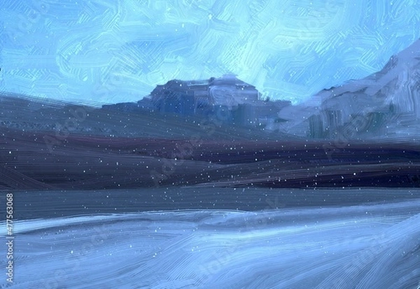 Fototapeta Winter scene painting. 2d illustration. Frozen landscape.