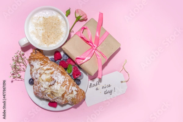 Fototapeta Croissant with coffee and and Valentines gift