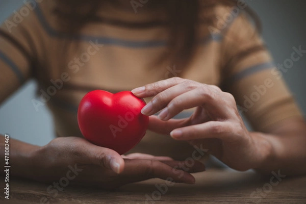 Fototapeta feMale hands holding red heart, world mental health day and world heart day, Life and health insurance, CSR social responsibility, organ donation, ​concept of love