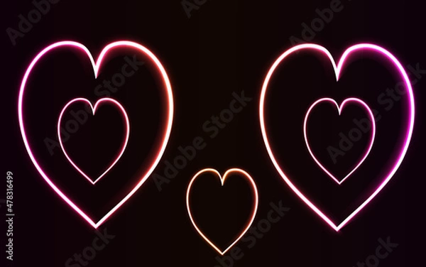 Fototapeta Vector Valentine day card. Shiny and glowing heart shape on dark red and pink background. Love symbol. Neon light heart isolated black background,