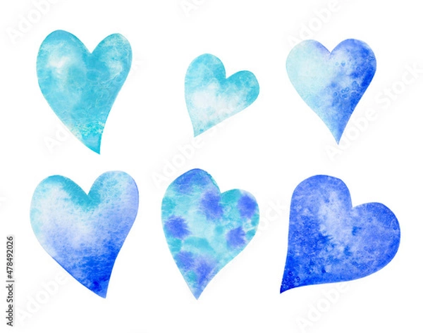 Fototapeta A set of watercolor hearts in blue and light blue. The heart-shaped sea. Watercolor illustration.