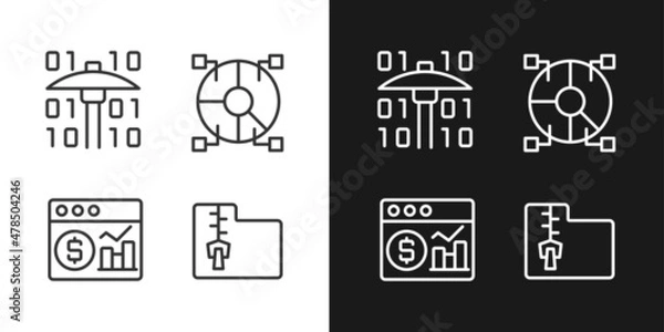 Fototapeta Financial data mining linear pixel perfect icons set for dark and light mode. Processing digital information. Future science. Customizable thin line symbols. Isolated vector outline illustrations