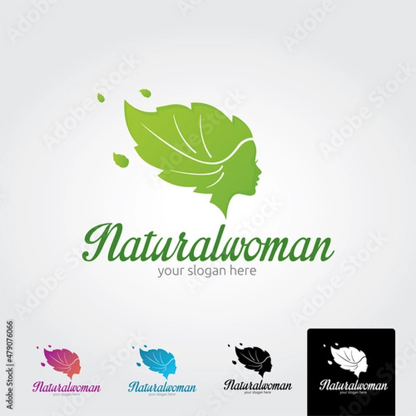 Fototapeta Beautiful woman's face logo design template. Hair, girl, leaf symbol. Abstract design concept for beauty salon, massage, magazine, cosmetic and spa. Premium vector icon.