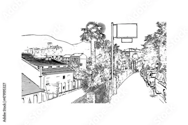 Fototapeta Building view with landmark of Lourdes is a town in southwestern France. Hand drawn sketch illustration in vector.