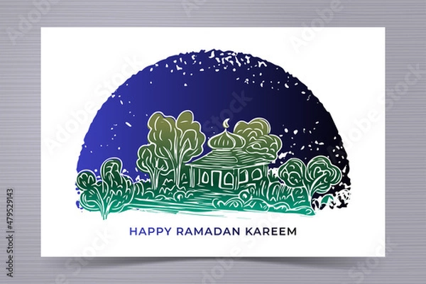 Fototapeta Ramadan kareem greeting card with hand drawn of mosque and grunge background