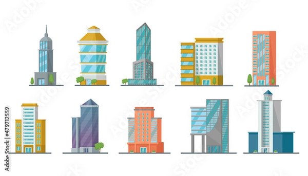 Fototapeta Office city buildings of different shapes cartoon vector illustration set. Real estate, business towers, skyscrapers, apartment buildings isolated on white background. Cityscape urban downtown concept