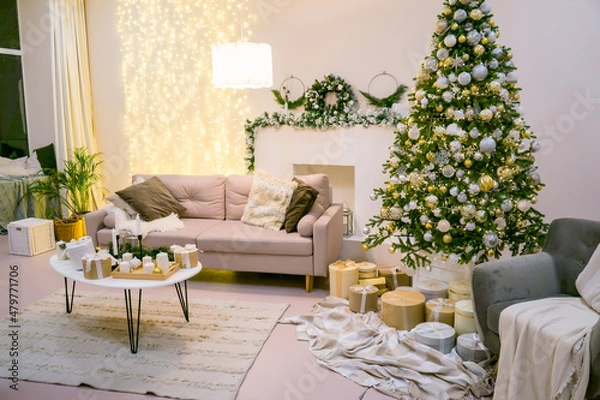 Fototapeta Christmas morning interior with christmas tree scandinavian loft. White and gold balls on the Christmas tree.