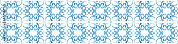 Fototapeta Watercolor social media border pattern seamless. Blue ceramic ornament texture. Portuguese azulejos, sicily italian majolica, mexican talavera, spanish, moroccan arabesque motifs. White isolated.