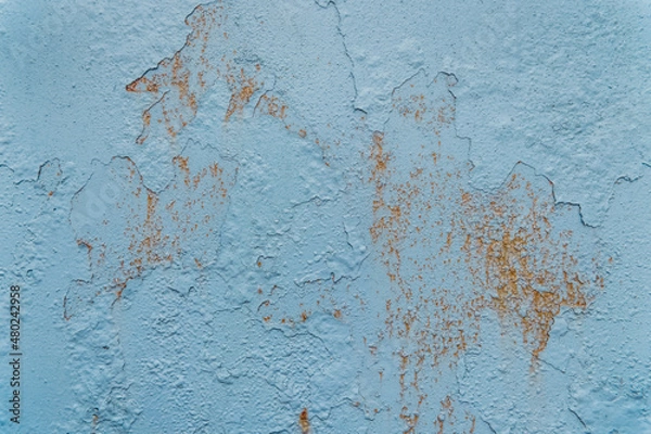 Fototapeta Blue peeling paint with old, worn-out metallic weathered iron texture rough background dirty steel