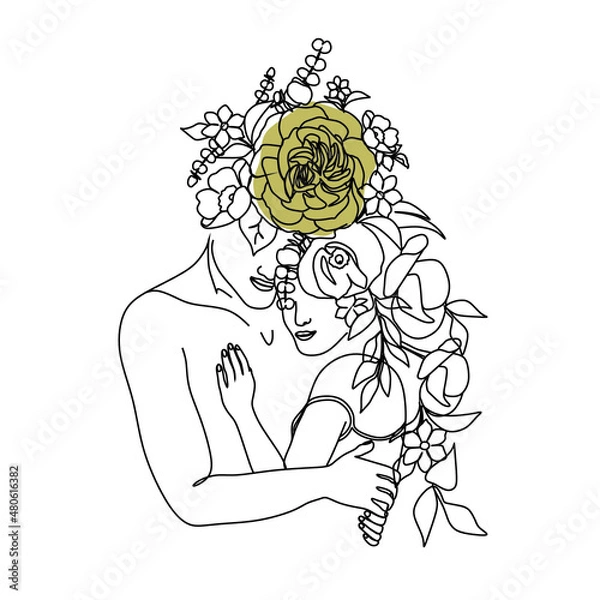 Obraz One Line Art Couple, Line Art Men and woman, Minimal Face Vector.  Couple print, Kiss print, Valentines Day Illustration. Love poster. 2 faces. We are one line. 