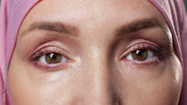 Fototapeta Young Muslim woman wearing pink-colored hijab with casual makeup blinks looking into camera lens with confidence in well-lit studio room extreme closeup.