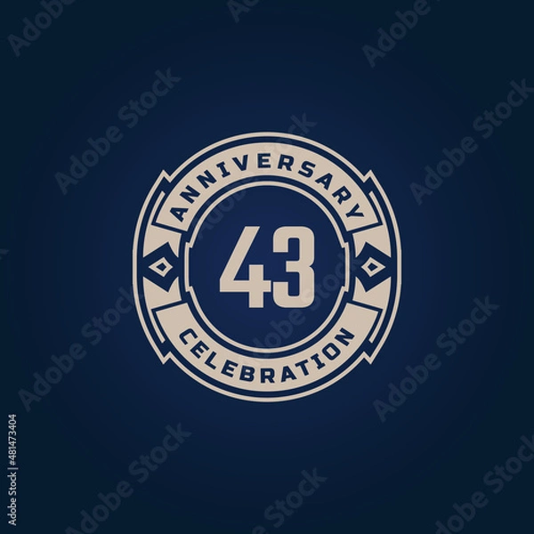 Fototapeta 43 Year Anniversary Celebration with Golden Color for Celebration Event, Wedding, Greeting card, and Invitation Isolated on Blue Background