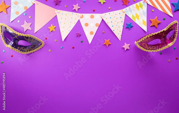 Obraz Happy Purim carnival decoration concept made from mask and sparkle star on purple background. (Happy Purim in Hebrew, jewish holiday celebrate)