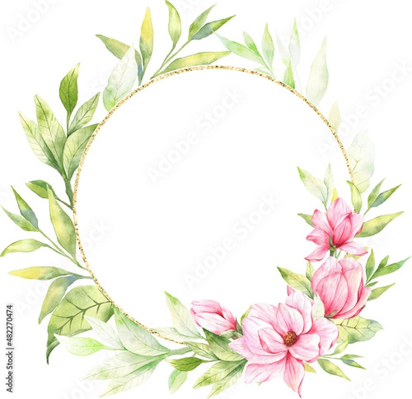 Obraz Watercolor Floral Frame. Magnolia Frame. Botanical Frames for Wedding Invitations. Magnolia Watercolor for floral greeting cards, bridal invites