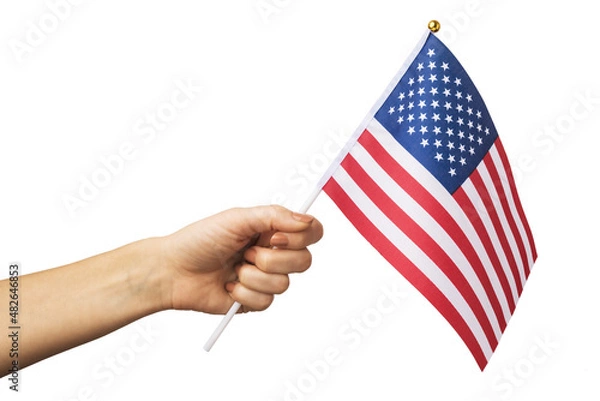 Fototapeta Female hand holds American flag isolated on white background, template for designers